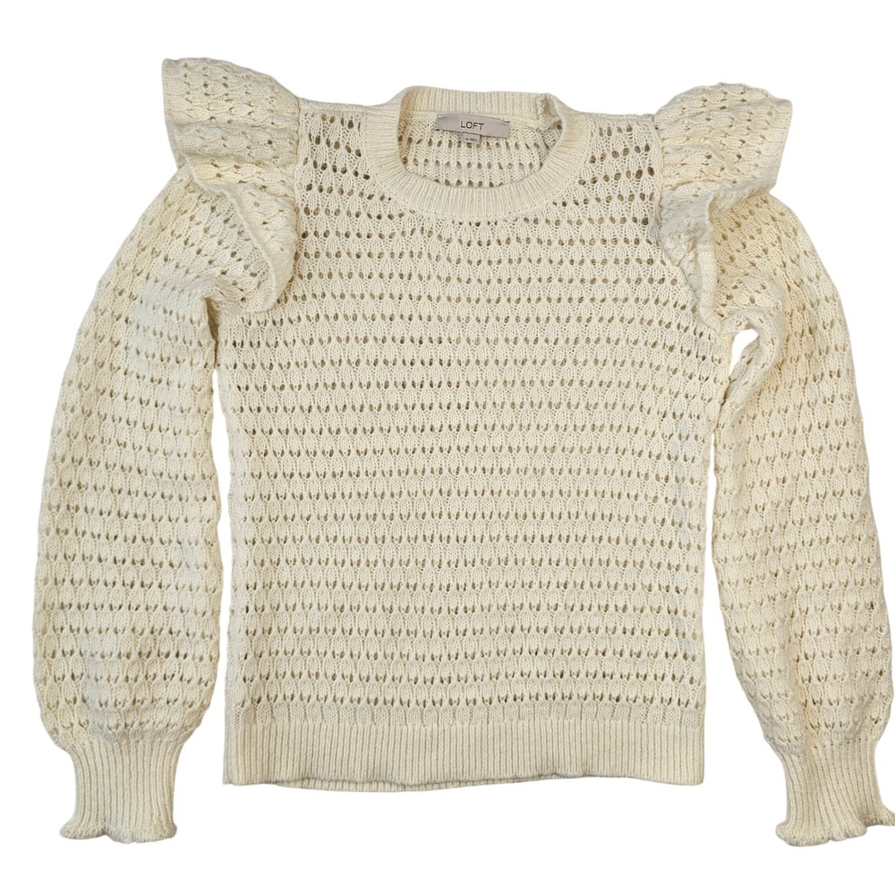 Loft Cream Pointelle Ruffle Shoulder Knit Sweater Ivory Medium Long Sleeve